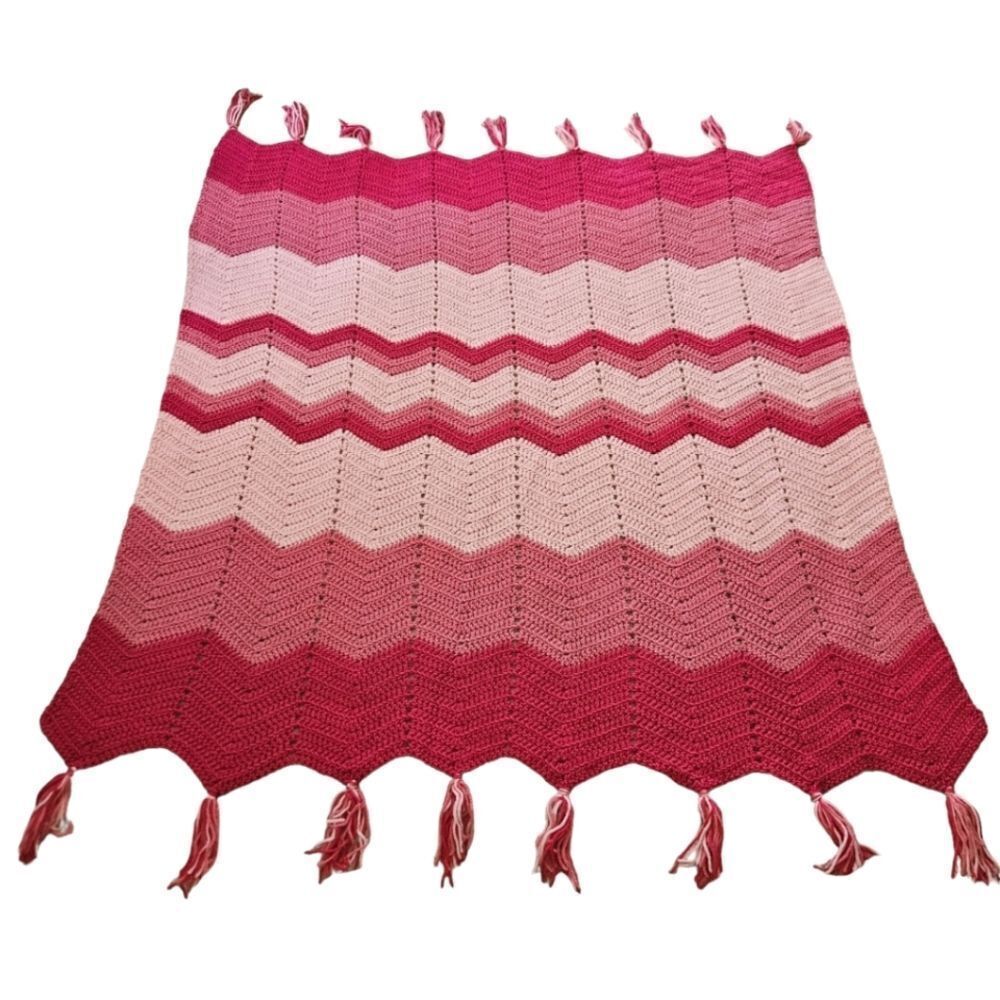 Vintage Hand Made Crochet Pink Tone Zig Zag Chevron Tassel Afghan Blanket Throw
